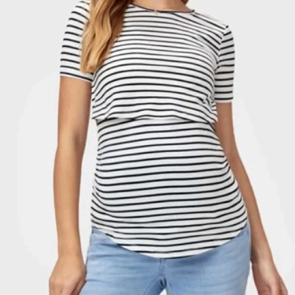 HEIN BASICS Maternity Striped Curved Hem Nursing Top M - Picture 1 of 4